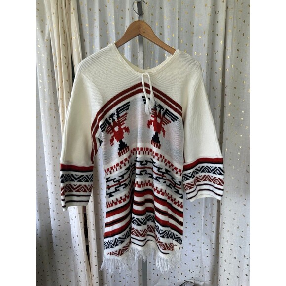 Vintage 70s Unbranded Thunderbird Peruvian Fringe Poncho Tunic Sweater One Size - Picture 2 of 3